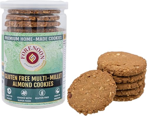 Image of Fore Noon Multi-Millet Gluten-Free Almond Cookies | High Fiber Multi-Grain Biscuit | Made with Organic Jaggery, Cow Ghee & Rock Salt | Low Fat & Sugar | Healthy Snack for Kids & Adults | 100% Natural Ingredients | 178g Pack of 1