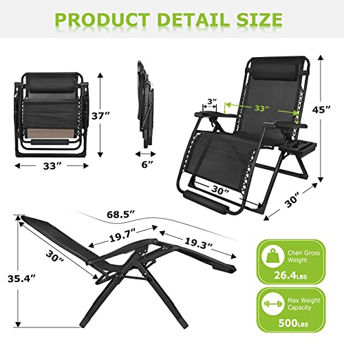 Suteck Oversized Zero Gravity Chair, 33In Xxl Lounge Chair W/Removable Cushion & Headrest, Upgraded Aluminum Alloy Lock, Cup Holder And Footrest Patio Reclining Chair For Indoor Outdoor, 500Lbs,Black #TOP6