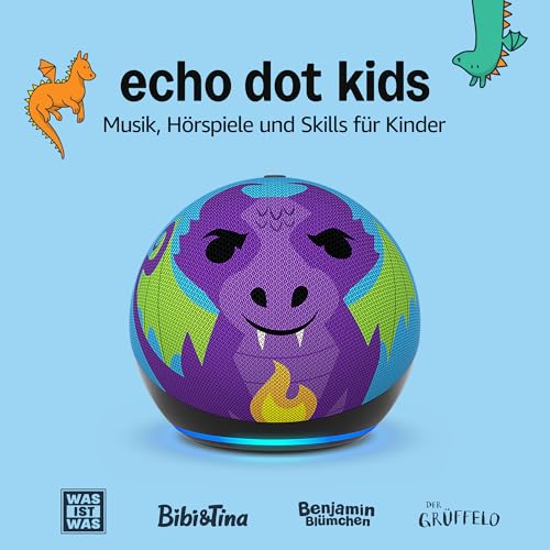 Echo Dot Kids (Neueste Generation) | Smarter WLAN- und Bluetooth-Lautsprecher | 1 Jahr Amazon Kids+ inklusive | Drachen-Design, mit Alexa+ Early Access