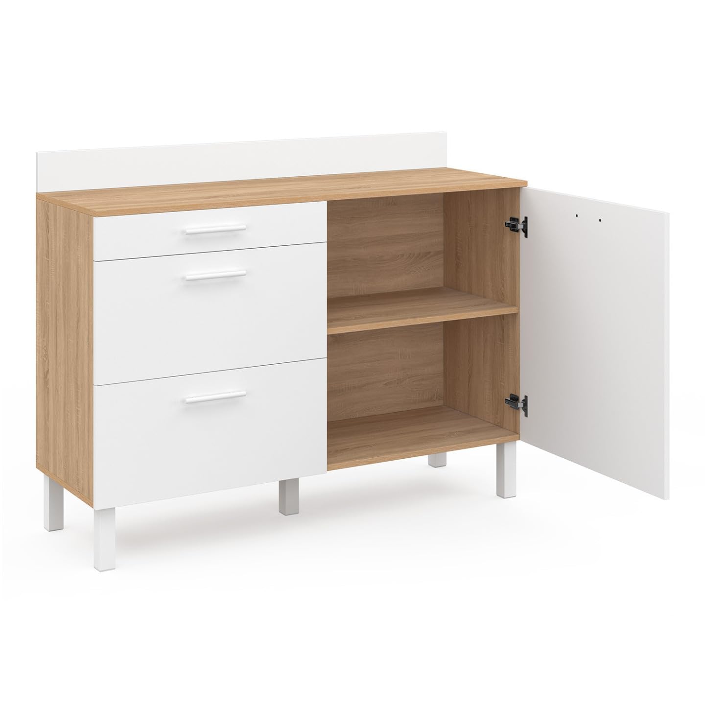 IDMarket - Buffet Bas de Cuisine 120 cm casserolier CINA Plan de Travail H.83 cm 1 Porte + 3 tiroirs façon hêtre et Blanc