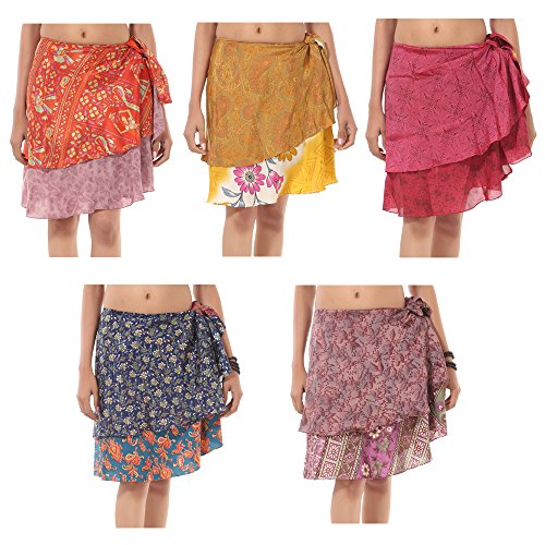 Wevez Wholesale lot of 5 Pcs Art Silk Reversible Short Wrap Around Skirt, Assorted