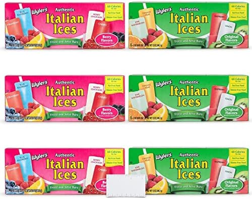 Wylers Authentic Italian Ice Freeze Pops - 2oz bars - 6 COUNT- Berry and Original Flavors - FAT FREE - GLUTEN FREE - KOSHER - Bonus TP magnet included.