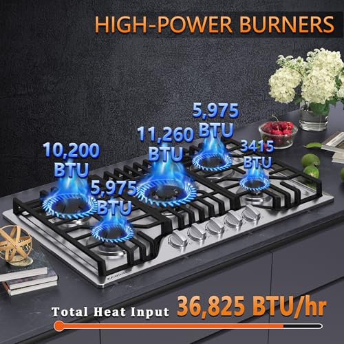 30 inch Gas Cooktop, Bulit-in Gas Stove Top with 5 Burner, NG/LPG Convertible Cooktops, 5 Burner Propane Cooktop with Thermocouple Protection, Stainless Steel - Thumbnail 2