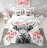 Erosebridal Highland Cow Flower Twin Comforter Set with Sheets 7 Piece Rose Grey Marble Bed in A Bag Western Funny Animal Bedding Sets for Kids Boys,Wildlife Farmhouse Cattle Bed Set