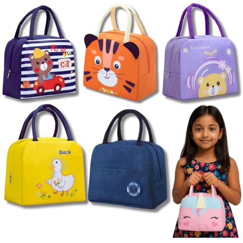 Image of 5 Piece Insulated Lunch Bag for Kids - School Tiffin Bag - Tiffin Bag for Office - Storage Bag - Birthday Party Return Gifts - Return Gift for Kids in Bulk - Pack of 5 (Assorted)