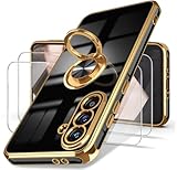 Dretal for Samsung Galaxy A56 5G Case, Galaxy A56 5G Case with Screen Protector, 360° Rotatable Ring Holder Magnetic Kickstand,Plated Gold Edge Slim Soft TPU Protective Phone Cover (Black, A56)