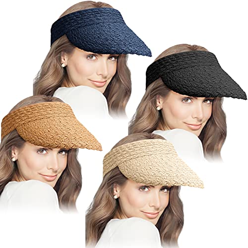 4 Pieces Women Straw Sun Visor Hat Wide Edge Brim Sun Hats Roll-up Foldable Straw Golf Visor Hat Summer UV Protection Beach CapÂ Sun Protection HatsÂ for Outdoor Sports Hiking