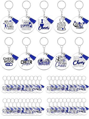 Junkin 50 Pcs Cheerleading Keychain Bulk Cheer Clear Acrylic Tassels Keychains for Women Cheerleaders Gifts(Blue)