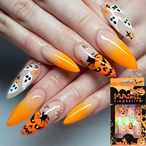 Halloween Press On Nail Yellow Halloween Fake Nail Stiletto Almond Acrylic Nail For Women Sticker On Nail With Glue Full Cover False Nail For Halloween Party,24Pcs False Nail #TOP6