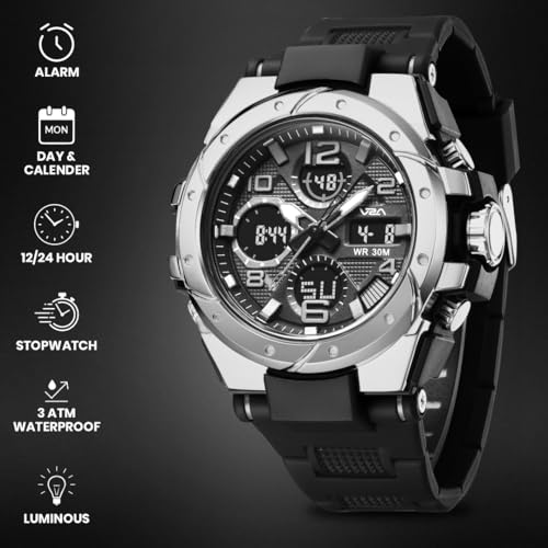 Image of V2A Styrke 5110 Analog Digital Watch for Men | Hybrid Multi Display Dial | Alarm Stopwatch Day Date 12 /24 Hr | TPU Strap | 30M Water Resistant