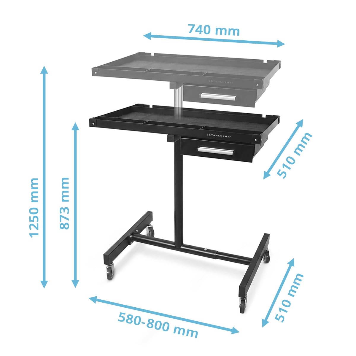 STAHLWERK Mesa de trabajo regulable en altura de 87,3 a 125 cm, capacidad de carga de 100 kg | Banco de trabajo móvil con 4 ruedas giratorias, garaje, taller, bricolaje