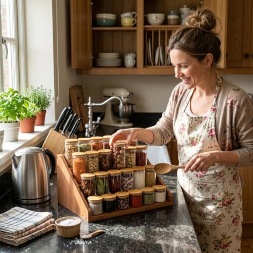 Solid-Wood-Spice-Rack-Organizer-for-Countertop-Cabinet-4-Tier-Adjustable-Wooden-Spice-Shelf-with-Sliding-Track-Premium-Step-Seasoning-Bottle-Holder-for-Kitchen-Pantry-Office-Walnut-Brown