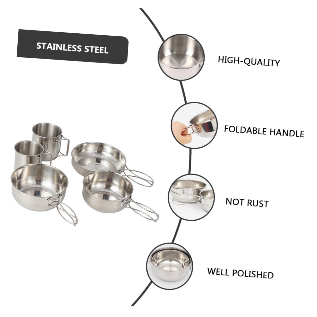 Set Posate da Campeggio in Acciaio Inox, 5 Pezzi Manico Pieghevole, Tazza e Ciotola, per Campeggio e Picnic,