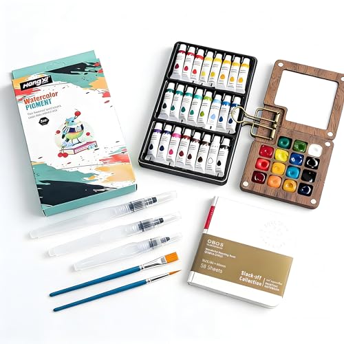 Mini Watercolor Travel Paint Set, Travel Watercolor Set, Portable Artist Palette Sets with Colours, Book,Binder Clips,Pens,Wooden Paint Box for Painters Artists Student (15 Grids)