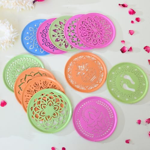 Image of CRAFTAM Different Design Ready to Draw Rangoli Making Stencils, Rangoli Plastic Stencils for Floor Decoration (Set of 12, Size 6 Inch)