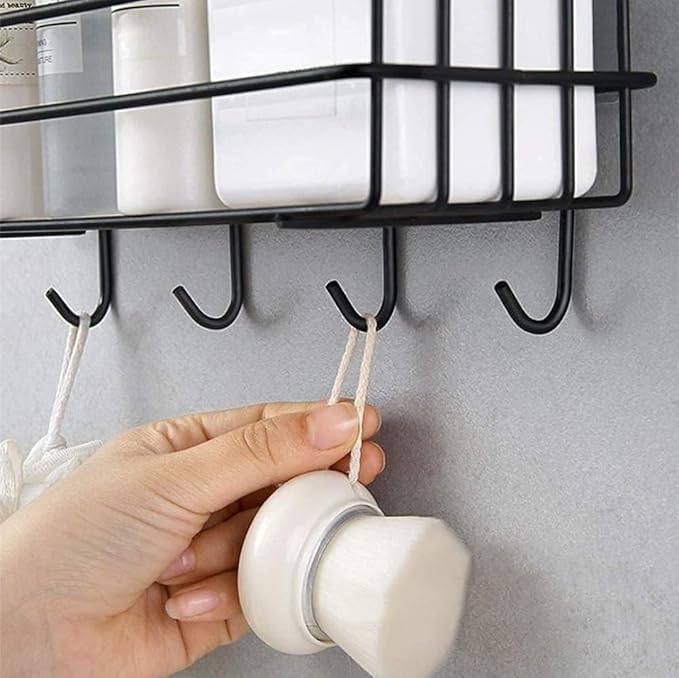 Image of Self Adhesive Bathroom Shelf with Hooks, Stainless Steel Wall Mounted Organizer Rack, Towel Holder, Bathroom Storage Shelf, Rustproof (Black, Pack of 1)