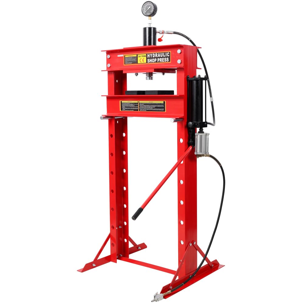 30 Ton Air Hydraulic Shop Press with Gauge, H-Frame Heavy Duty Press for Automotive Repair & Metalworking, Adjustable Height 0.2"-36" with Air Pump for Garage Workshop (Red)