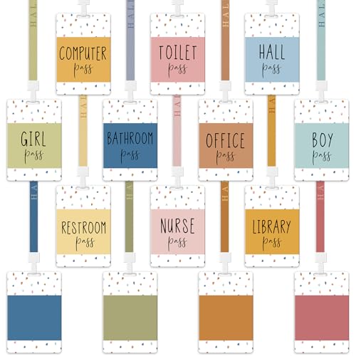 Dinifee Set of 14 Hall Pass Lanyards Boho School Passes Set Unbreakable PVC for Office Classroom Nurse Bathroom Library Teachers Students Supplies