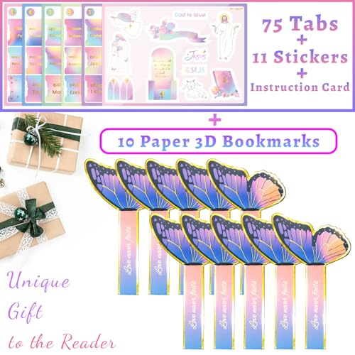 Image of Bible Tabs with Unique Stickers, Gold Foil Laminated Bible Tabs for Women, Christian Gifts, Large Print Bible Book Index Tabs Labels, Bible Study Supplies (Rainbow HD10)