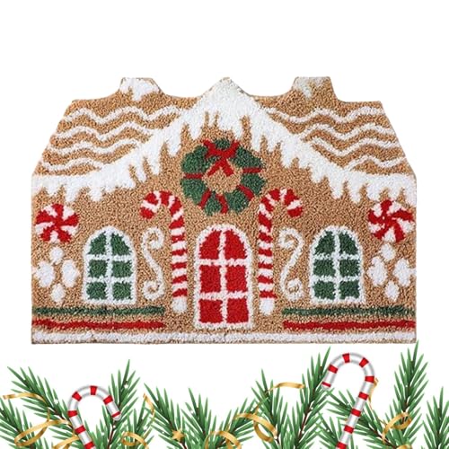 Christmas Front Door Mat, Non Slip Floor Doormat, Gingerbread House Mat, Festive Holiday Rug for Shower Living Room Kitchen Porc