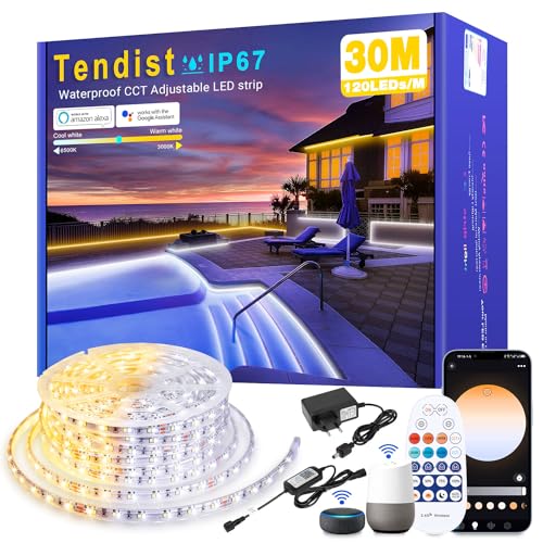 TENDIST Striscia Led 30M Esterno IP67 Impermeabile Da Bianco Caldo a Bianco Freddo, Striscia Led Alexa Dimmerabile 24v Bianca senza fili, Striscia Led Alta Luminosità Adesive Per Luci Esterne, Cucina
