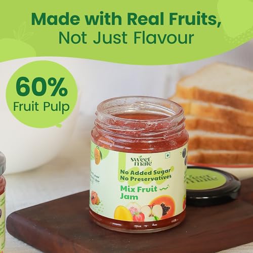 Image of Sweetmate Mix Fruit Jam for Kids and Adults - (220g) | 100% Pure No Added Sugar | With Real Fruit Pulp | Naturally Sweetened | Diabetic and Keto Friendly | Delicious Jam (Pack of 2)
