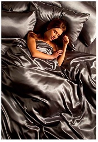 6PCS SATIN SILK COMPLETE BEDDING SET DUVET COVER FITTED SHEET 4 PILLOW CASES (10 ATTRACTIVE COLOURS) (DOBULE, SILVER)