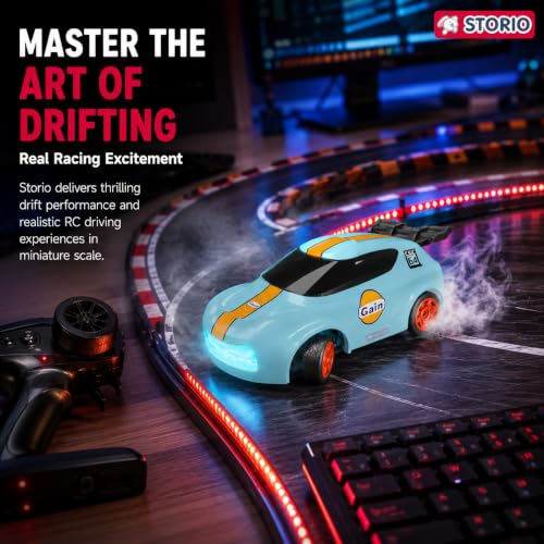 Image of Storio Punto Mini RC Car 1:64 Scale, 2.4GHz Remote Control Car with Drift & Grip Modes, Dual Speed, LED Lights, 100m Range, Rechargeable RC Drift Car for Kids Boys Girls & Adults