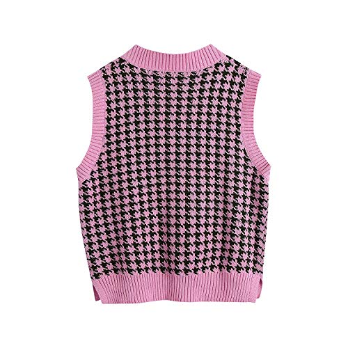 Image of WFHFNJW Women Houndstooth Pattern Knit Sweater Vest Sleeveless Loose V-Neck 90s Waistcoat Pullover Knitwear Top