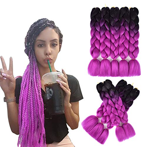 MeiQin Ombre Braiding Hair 24 Inch 5 Pack Braiding Synthetic Hair Crochet Twist Box Braids Hair Extensions for Braiding (24 Inches, black-fuchsia)