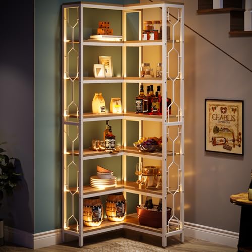Image of Tribesigns Corner Shelf, 7-Tier Industrial Corner Bookshelf, Wood and Metal Corner Etagere Bookcase, Freestanding Display Shelf for Living Room, Kitchen, Home Office, White and Walnut