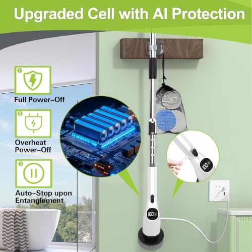 Image of WKY-Electric Spin Scrubber - 10-in-1 Cordless Shower Scrubber & Cleaning Brush with Extendable Handle, 42 in-lbs Ultra High Torque, 2 Speeds, IPX7, LED Display, Smart AI Chip, for Bathroom, Kitchen