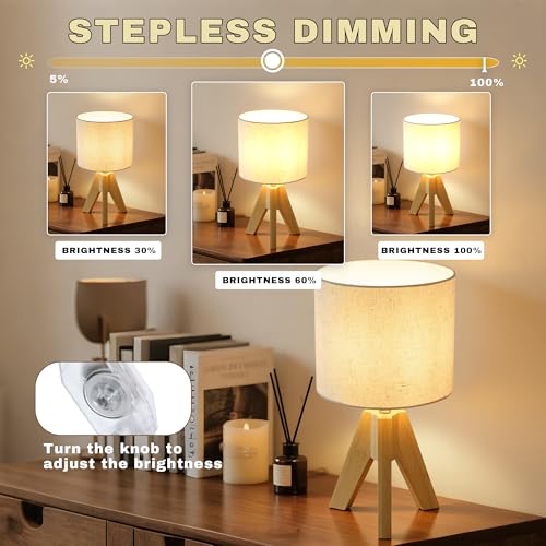 Image of Set of 2 Tripod Table Lamps,Stepless Dimmable Small Bedside Lamps with Beige Linen Shade, Boho Modern Nightstand Lamps for Bedroom Living Room Office,E26 Socket, Natural