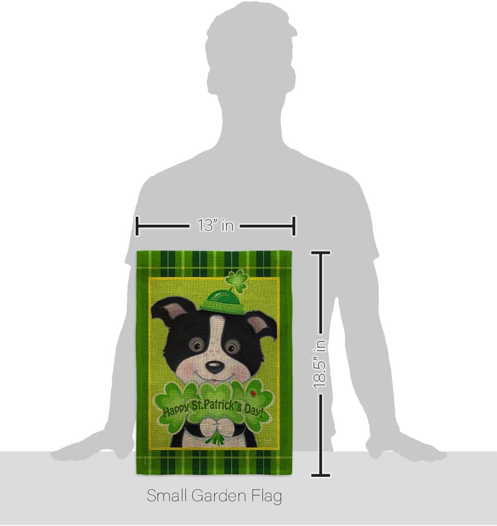 St. Pat's Puppy Garden Flag - Set with Stand Spring St Patrick Shamrock Leprechaun Lucky Coin Holiday March Irish Clover - House Decoration Banner Small Yard Gift Double-Sided Made In USA 13 X 18.5