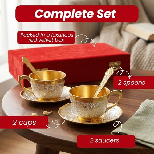 Image of Silver Plated Cup Saucer Set in Velvet Box | Cup Saucer Set of 6 for Tea (2 Cup + 2 Saucer + 2 Spoon) | Tea /Coffee Cups 120 ml | Dishwasher Safe | Ideal for Daily Use & Gifting