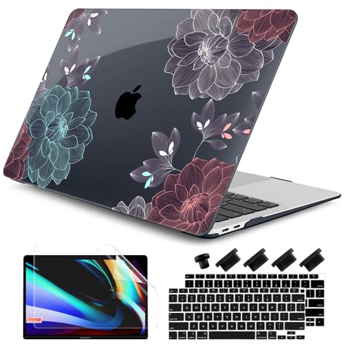 DONGKE Funda compatible con MacBook Air de 13 pulgadas 2021 2020 2019 2018 versión A2337 M1 A2179 A1932 con pantalla Retina Touch ID, carcasa rígida de plástico y cubierta para teclado, flores de