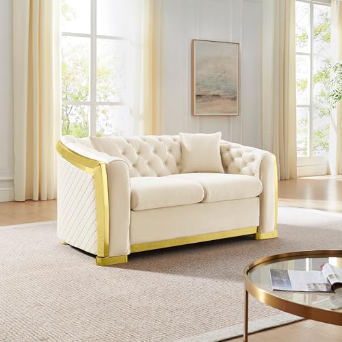 Image of KEIKI 62 inch Luxury Oversized Velvet Chesterfield Sofa with 2 Pillow & Gold Stainless Decoration, Italian Modern Style 2-Seater Button Tufted Couch with Rolled Arms, Easy Assembly, for Living Room, Beige