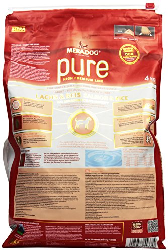 MERA PURE Adult Trockenfutter I Hundefutter ohne glutenhaltige Zutaten für sensible Hunde mit Lachs und Reis I 4 Kg