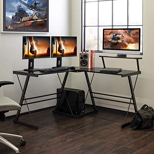 SIMBR L-Shaped Desk 58.4” Computer Desk, Corner Gaming Desk with Shelf, Home Office Desk Space-Saving Study Table Writing Workstation, Easy to Assemble, Black
