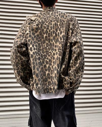 Mens Teen Boys Leopard Printed Jean Jacket Distressed Ripped Long Sleeve Cowboy Denim Jacket Coats Fall Outwear2