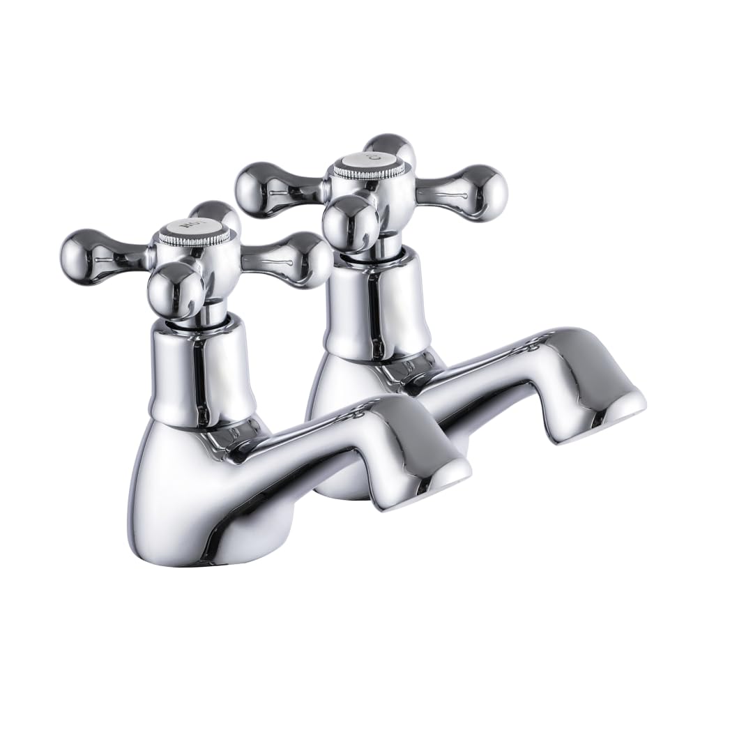 Spring Traditional Basin Pillar Taps – Classic Victorian Design, Solid Brass with Polished Chrome, G1/2" BSP Thread Inlet, Deck Mounted Bathroom Taps Pair, Bath and Basin Tap Set