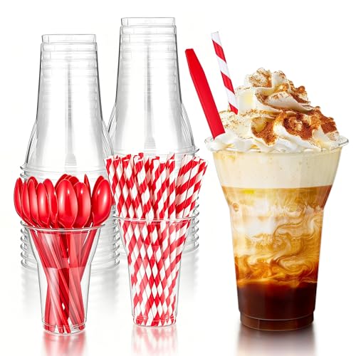 tchrules 50 PCS 15oz Plastic Parfait Cups with Spoons & Paper Straws Disposable Root Beer Float Cups for Party Clear Crystal Dessert Cup for Milkshake Ice Cream Sundae Cold Drinks Christmas Supplies
