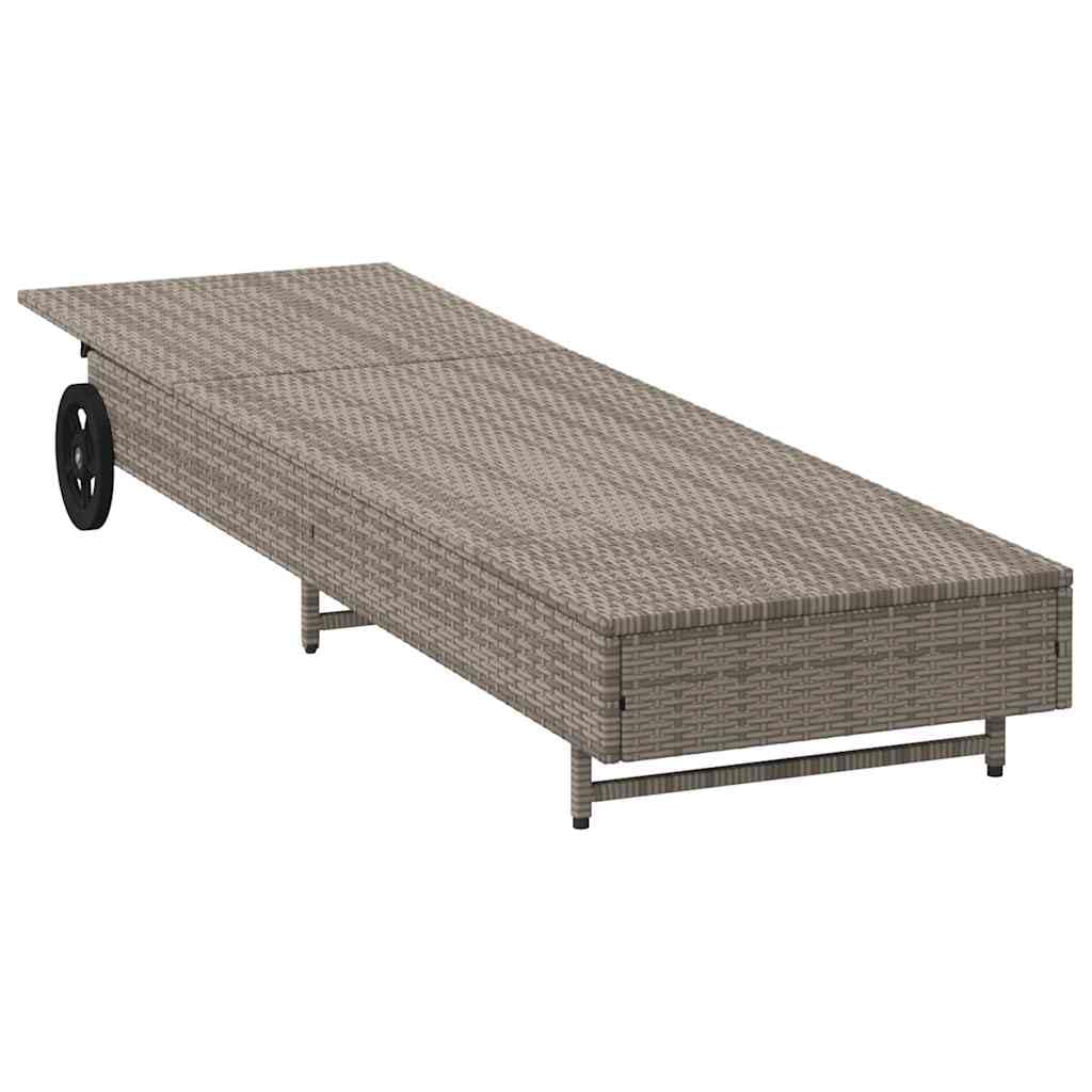 Lettino prendisole con ruote e cuscino, grigio polyrattan, 1 pezzo, schienale regolabile, in rattan PE di facile manutenzione, per giardino, balcone o terrazza, con imbottitura