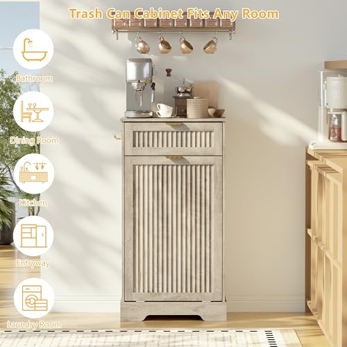 Image of Single 13 Gallon Tilt Out Trash Can Cabinet,Garbage Cabinet with Drawer | Hidden Garbage Storage with Fluted Design, Drawer & Hooks for Kitchen, Dining Room and Small Space Organization,Wood Grey