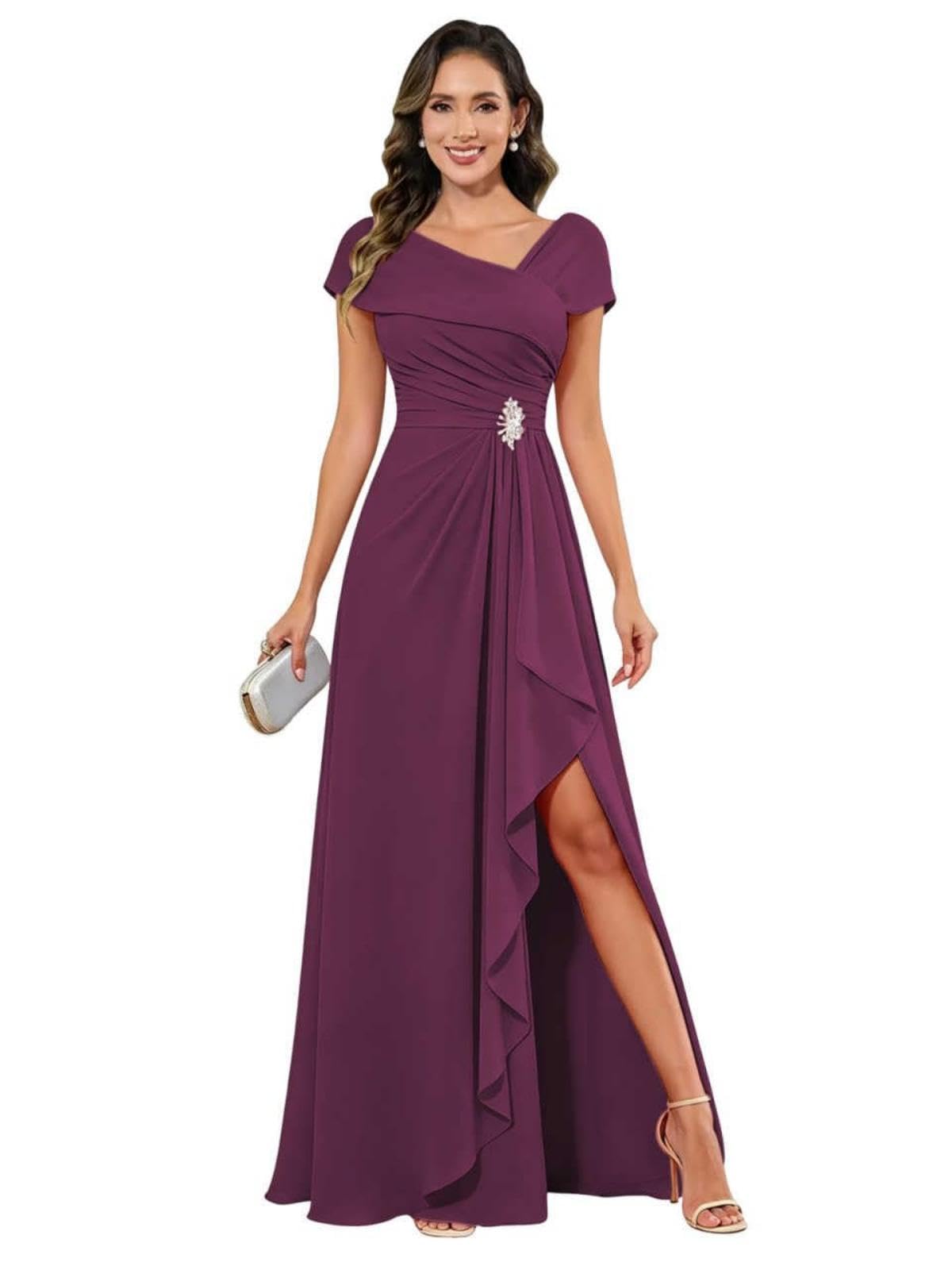 Brautmutterkleider aus Chiffon, A-Linie, Kurze Ärmel, asymmetrischer V-Ausschnitt mit formelles Abendkleid zur Hochzeit