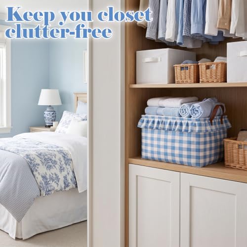 Image of Boao 1 Pcs Blue Ruffled Gingham Canvas Basket, Rectangular Organizing Decorative Storage Basket with Handle, Cute Farmhouse Home Decor for Nursery Room Bathroom Living Room