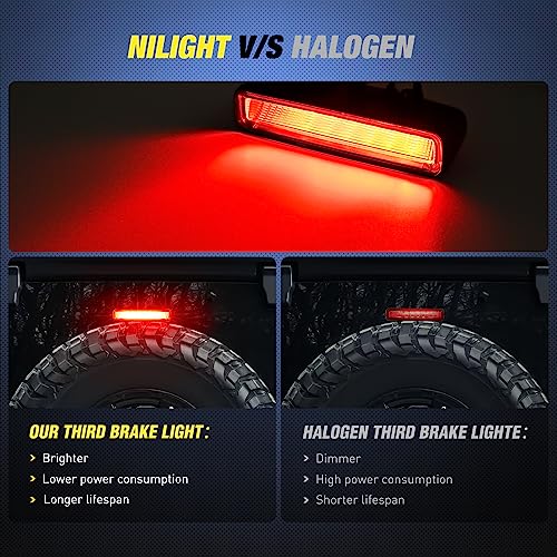 Image of Nilight Third Brake Light Tail High Mount Stop Lights Replacement for 2018-2026 Wrangler JL Accessories LED lamp with Smoked Lens Black Housing