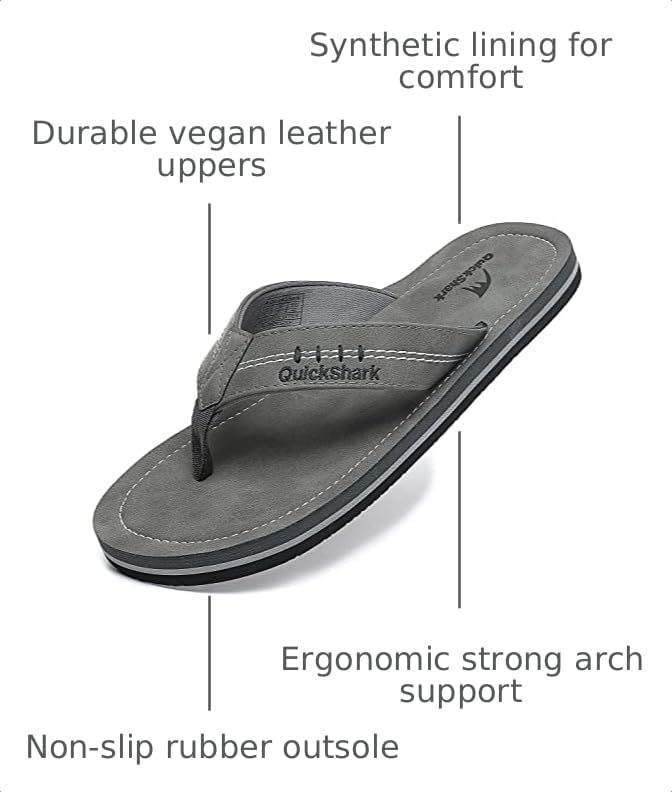 Image of Quickshark Mens Flip Flops Leather Thong Sandals Arch Support Beach Slippers