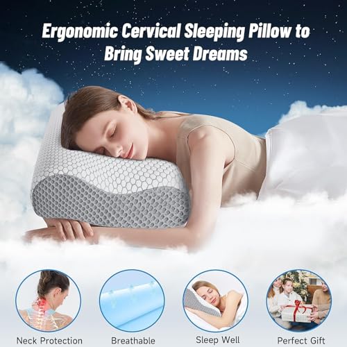 Image of CloudBliss Memory Foam Pillow, Ergonomic Neck Contour Cervical Pillow for Back and Shoulder Pain, Orthopedic Pillow for Neck Pain Relief, for Sleeping Side, Back, Stomach Sleepers - Grey, King