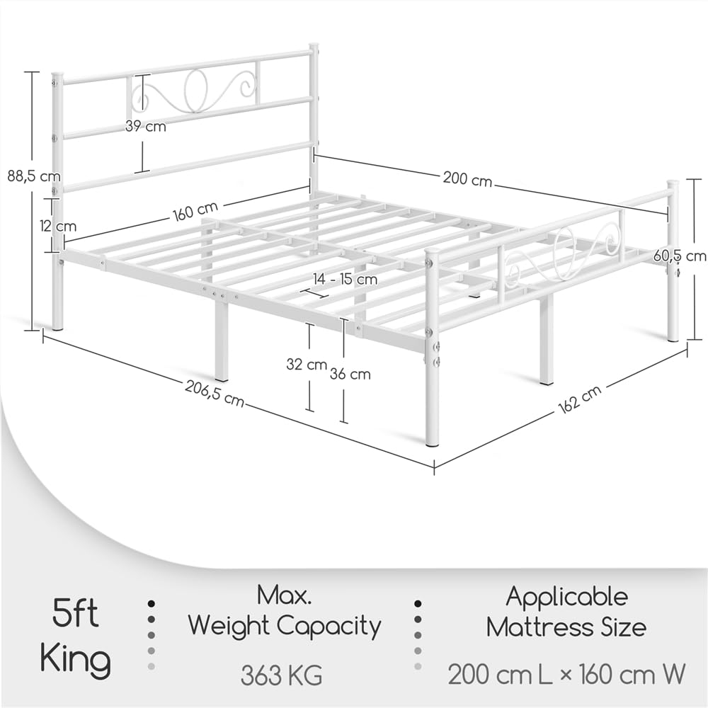 Yaheetech Struttura Letto Matrimoniale in Ferro Battuto a Doghe 160 x 200 cm Testiera Elegante in Metallo Stile Rustico Moderno Bianco